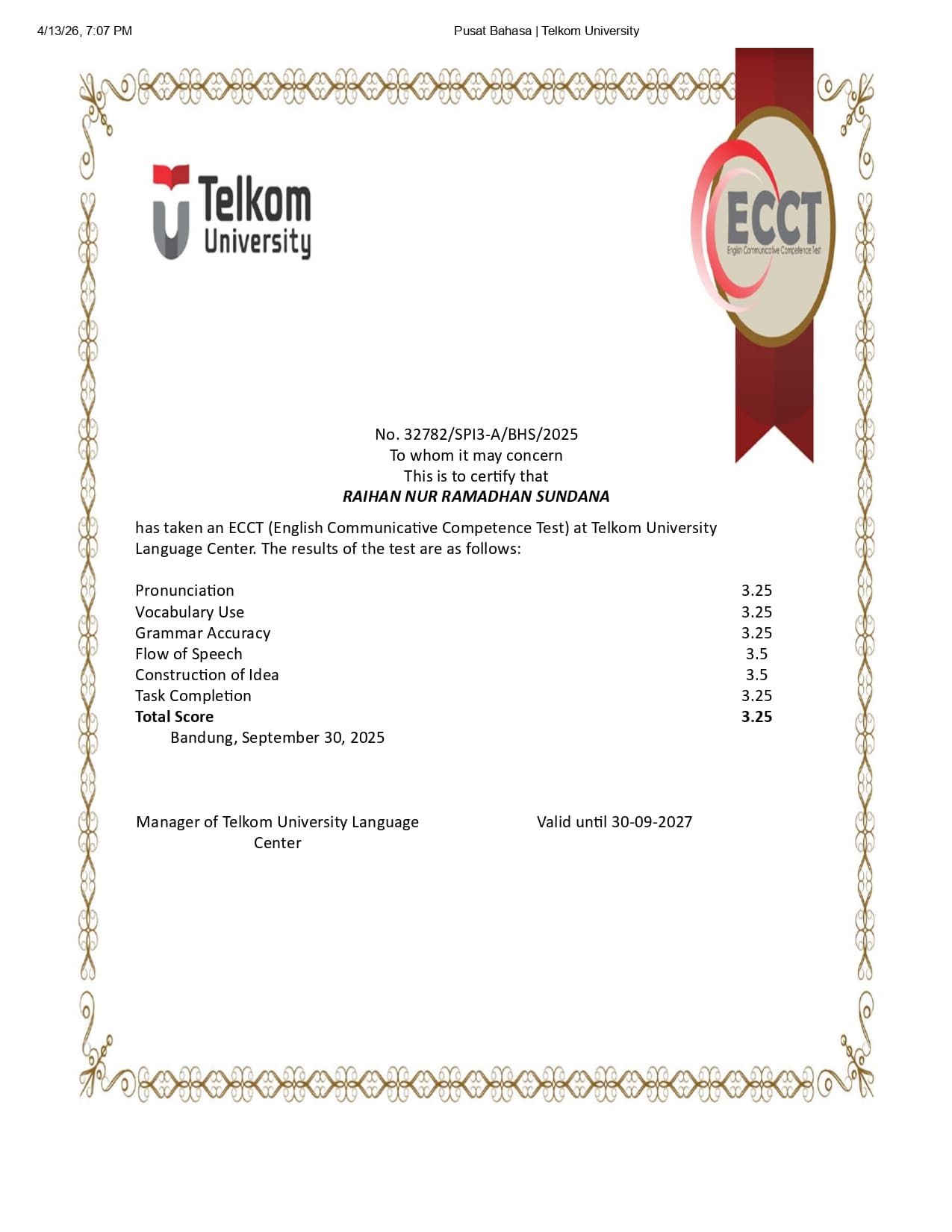 ECCT certificate for Raihan Nur Ramadhan Sundana, total score 3.25, with QR code concealed.