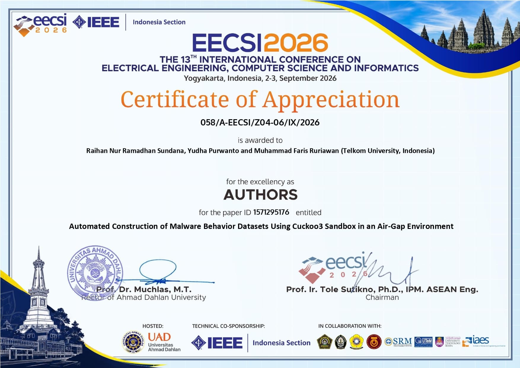 EECSI 2026 author certificate for Raihan Nur Ramadhan Sundana and co-authors.
