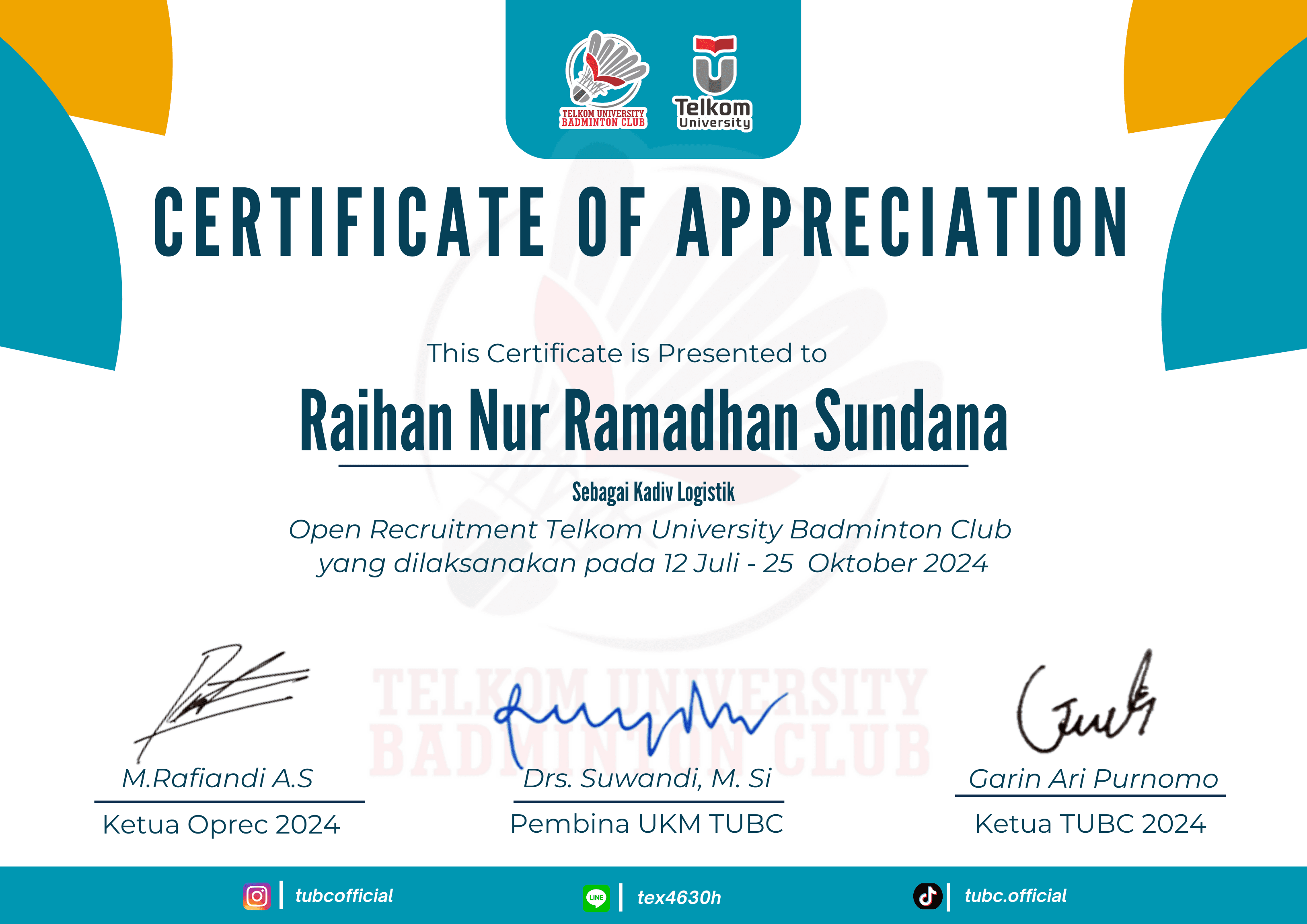 Telkom University Badminton Club Open Recruitment 2024 committee certificate.