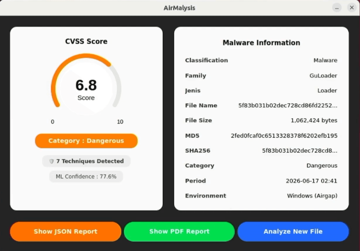 AirMalysis malware analysis result showing CVSS score, malware classification, family, confidence, and file information.